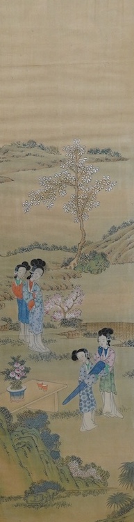 Chinese School, pair of watercolours on silk, Females before landscapes, 80 x 21cm. Condition - fair, some discolouration